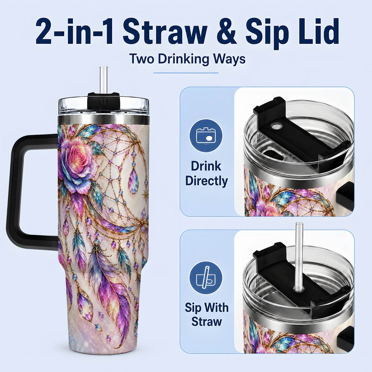 #pl[40oz|Black] Floral Dreamcatcher 40oz Tumbler, Stainless Steel Drinkware for Boho Fans