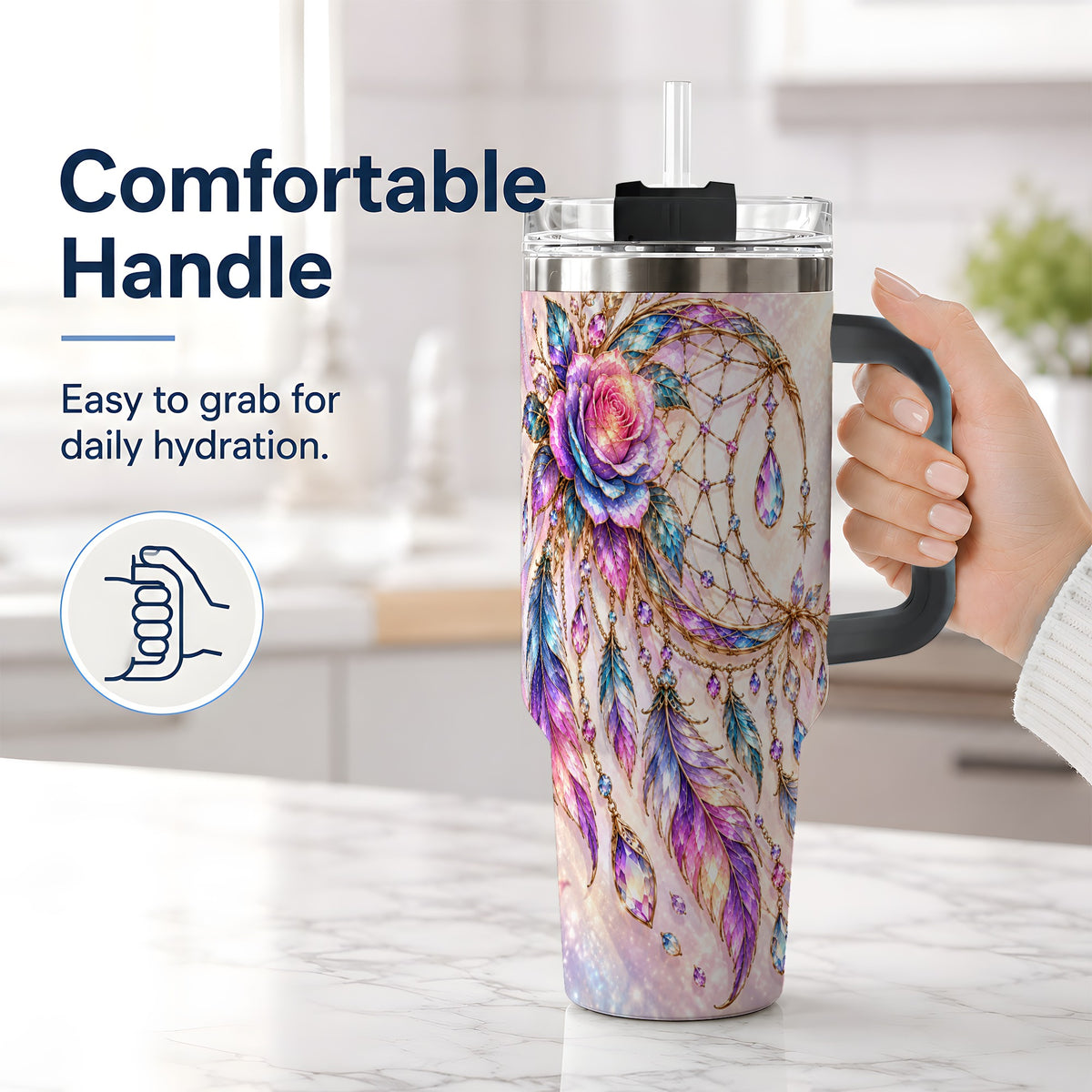 #pl[40oz|Black] Floral Dreamcatcher 40oz Tumbler, Stainless Steel Drinkware for Boho Fans