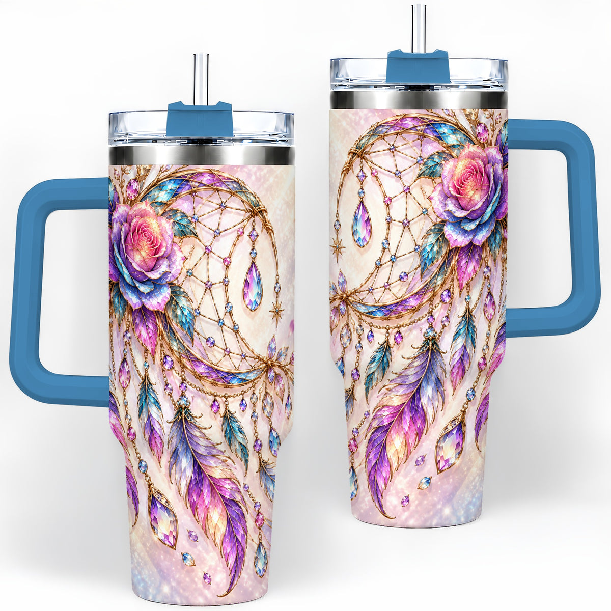 #pl[40oz|Blue] Floral Dreamcatcher 40oz Tumbler, Stainless Steel Drinkware for Boho Fans