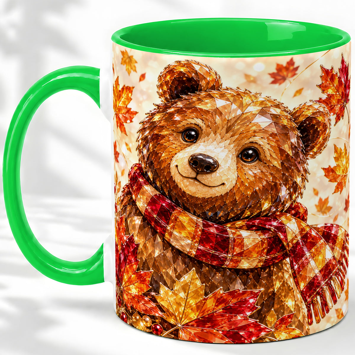 #pl[11oz|Green] Autumn Bear Scarf Accent Mug, Mug with Maple Leaf Artwork