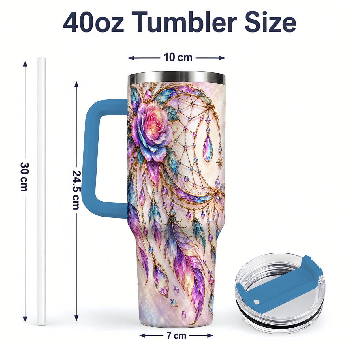 #pl[40oz|Blue] Floral Dreamcatcher 40oz Tumbler, Stainless Steel Drinkware for Boho Fans