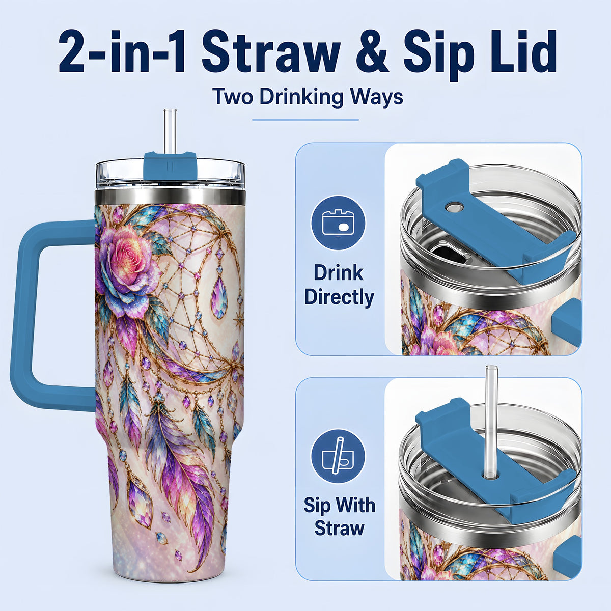 #pl[40oz|Blue] Floral Dreamcatcher 40oz Tumbler, Stainless Steel Drinkware for Boho Fans