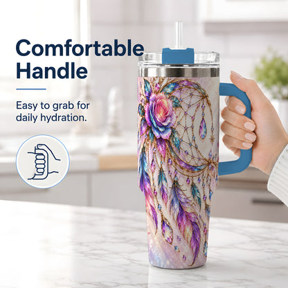 #pl[40oz|Blue] Floral Dreamcatcher 40oz Tumbler, Stainless Steel Drinkware for Boho Fans