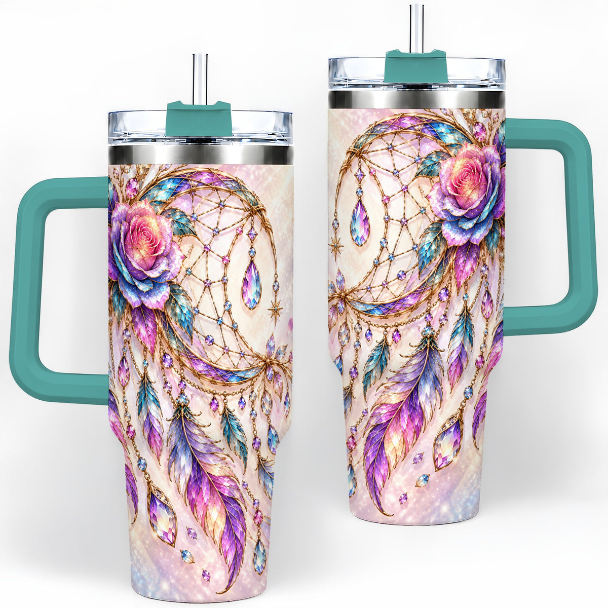 #pl[40oz|Green] Floral Dreamcatcher 40oz Tumbler, Stainless Steel Drinkware for Boho Fans