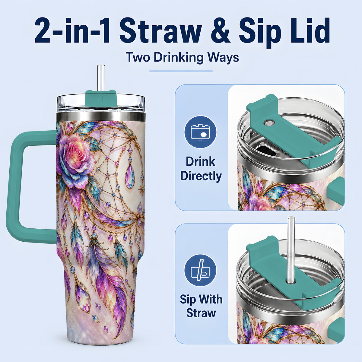 #pl[40oz|Green] Floral Dreamcatcher 40oz Tumbler, Stainless Steel Drinkware for Boho Fans
