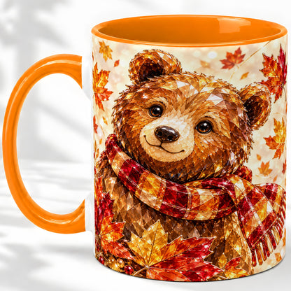 #pl[11oz|Orange] Autumn Bear Scarf Accent Mug, Mug with Maple Leaf Artwork