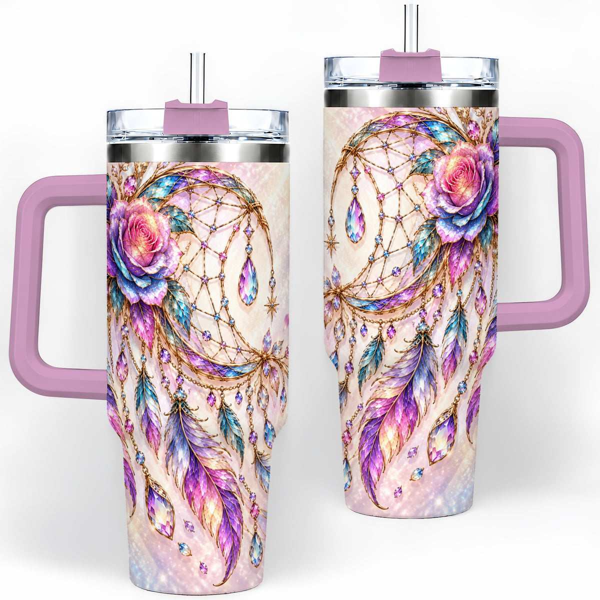 #pl[40oz|Pink] Floral Dreamcatcher 40oz Tumbler, Stainless Steel Drinkware for Boho Fans