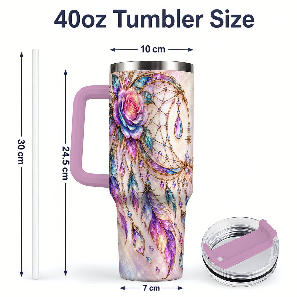 #pl[40oz|Pink] Floral Dreamcatcher 40oz Tumbler, Stainless Steel Drinkware for Boho Fans