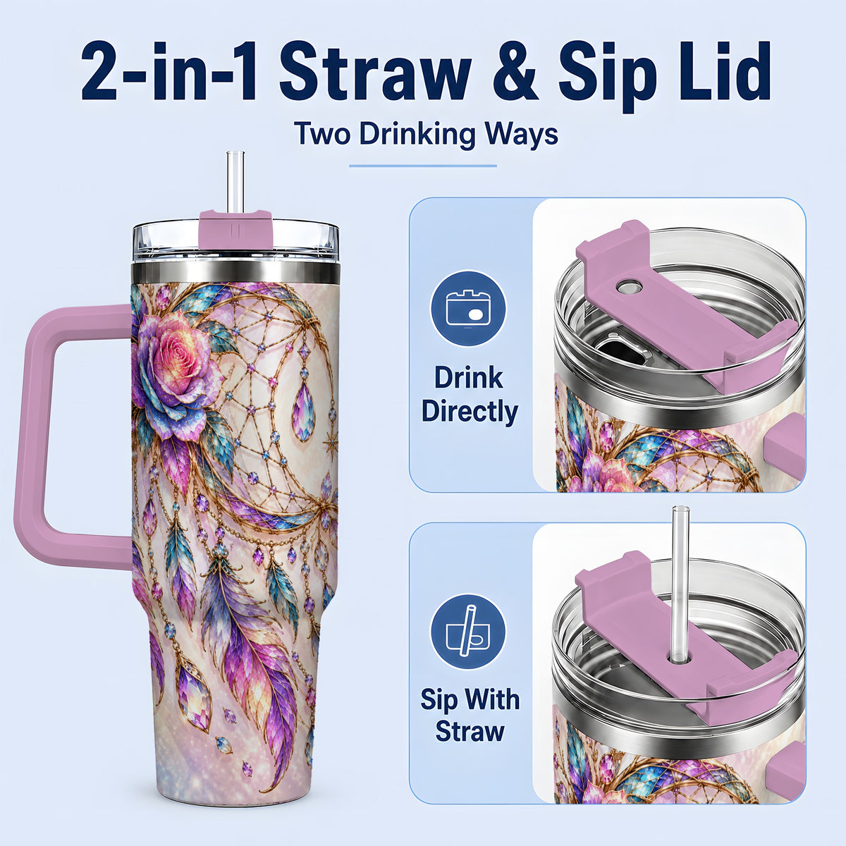#pl[40oz|Pink] Floral Dreamcatcher 40oz Tumbler, Stainless Steel Drinkware for Boho Fans