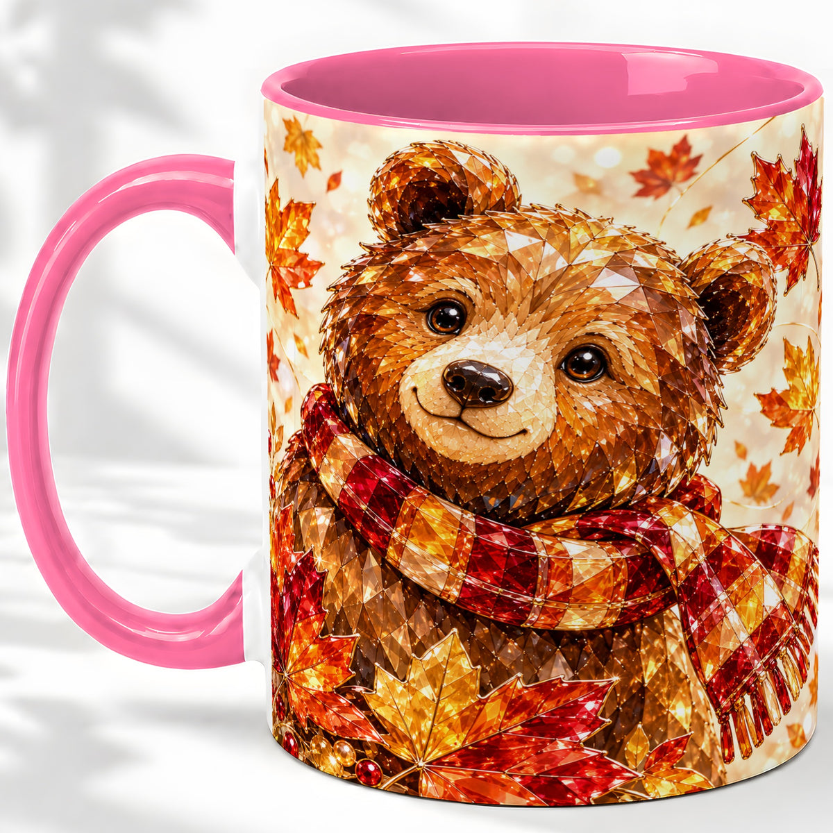 #pl[11oz|Pink] Autumn Bear Scarf Accent Mug, Mug with Maple Leaf Artwork