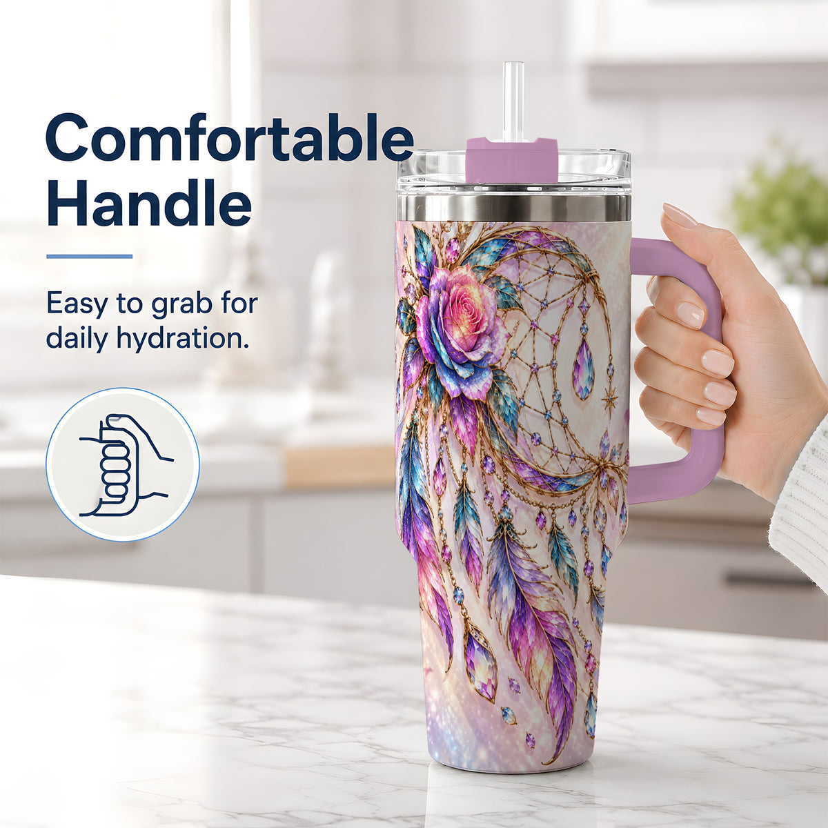 #pl[40oz|Pink] Floral Dreamcatcher 40oz Tumbler, Stainless Steel Drinkware for Boho Fans