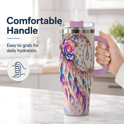 #pl[40oz|Pink] Floral Dreamcatcher 40oz Tumbler, Stainless Steel Drinkware for Boho Fans