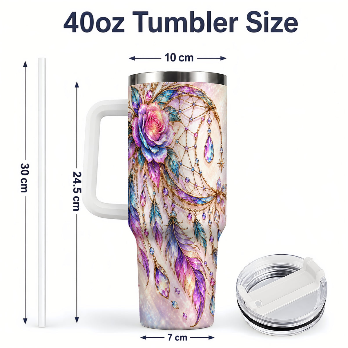#pl[40oz|White] Floral Dreamcatcher 40oz Tumbler, Stainless Steel Drinkware for Boho Fans