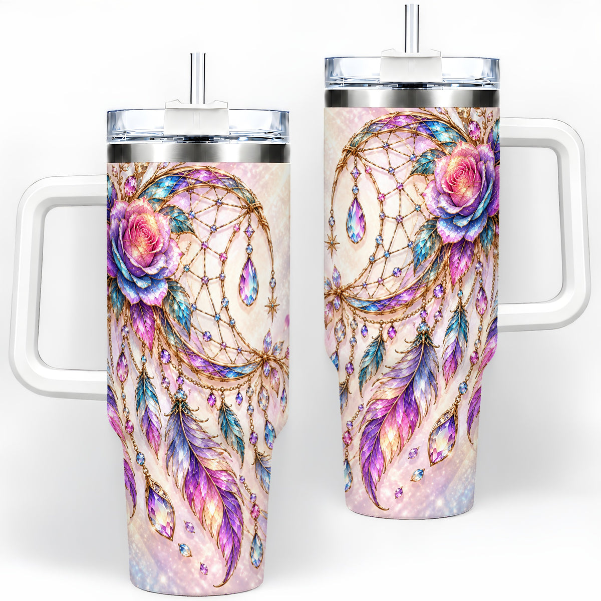Floral Dreamcatcher 40oz Tumbler, Stainless Steel Drinkware for Boho Fans