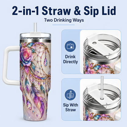 #pl[40oz|White] Floral Dreamcatcher 40oz Tumbler, Stainless Steel Drinkware for Boho Fans