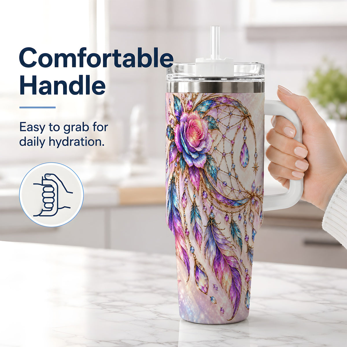 #pl[40oz|White] Floral Dreamcatcher 40oz Tumbler, Stainless Steel Drinkware for Boho Fans