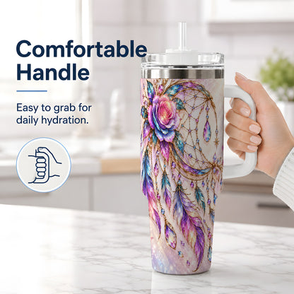 #pl[40oz|White] Floral Dreamcatcher 40oz Tumbler, Stainless Steel Drinkware for Boho Fans