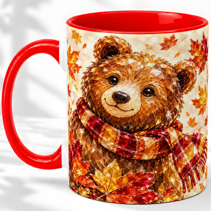 Autumn Bear Scarf Accent Mug, Mug with Maple Leaf Artwork