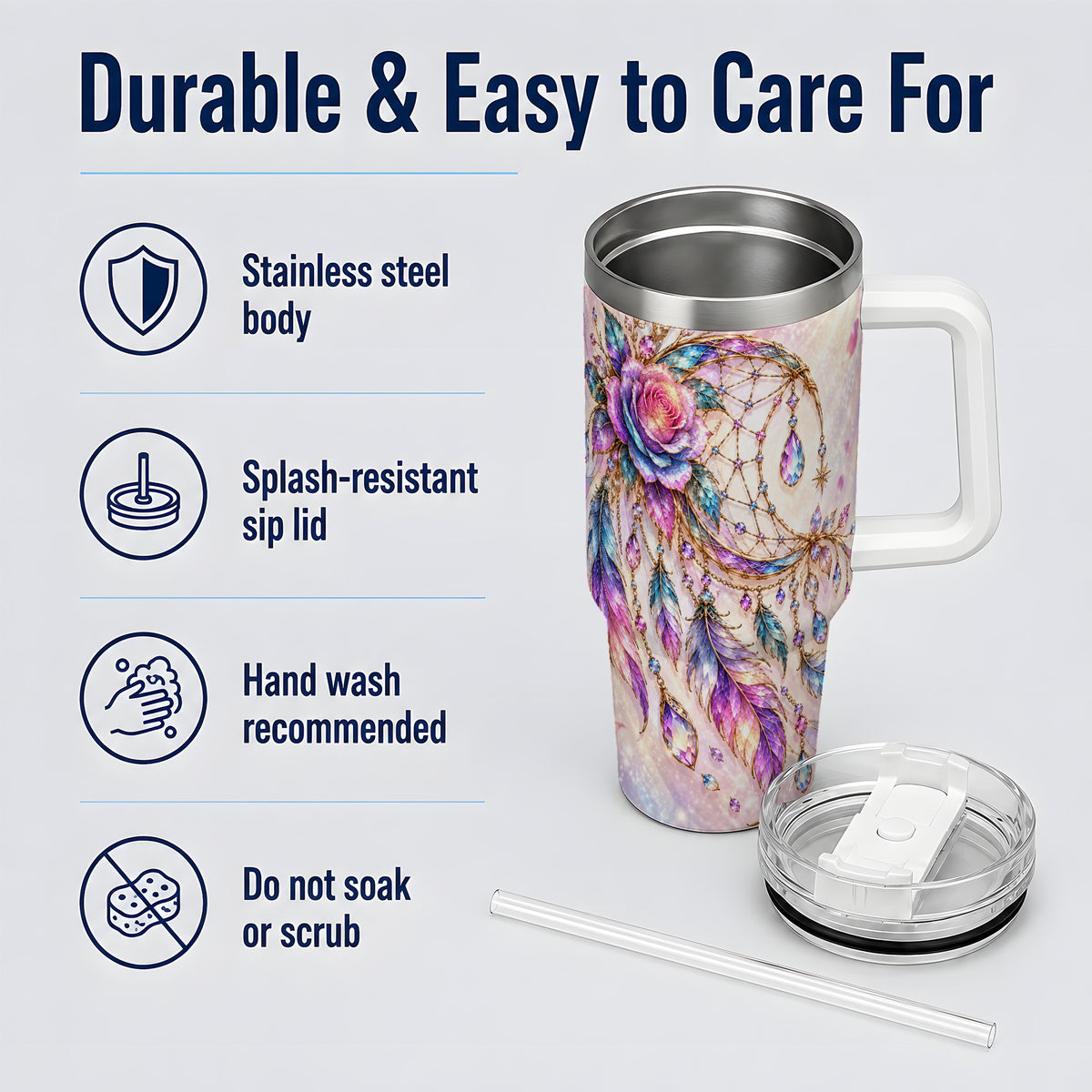 Floral Dreamcatcher 40oz Tumbler, Stainless Steel Drinkware for Boho Fans
