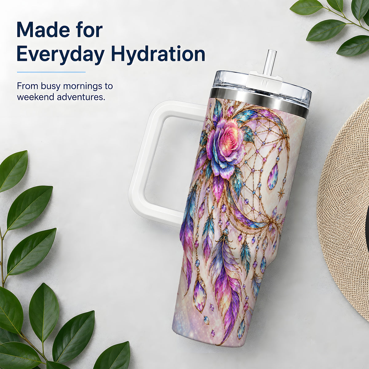 Floral Dreamcatcher 40oz Tumbler, Stainless Steel Drinkware for Boho Fans
