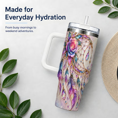 Floral Dreamcatcher 40oz Tumbler, Stainless Steel Drinkware for Boho Fans