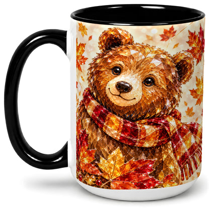 #pl[15oz|Black] Autumn Bear Scarf Accent Mug, Mug with Maple Leaf Artwork