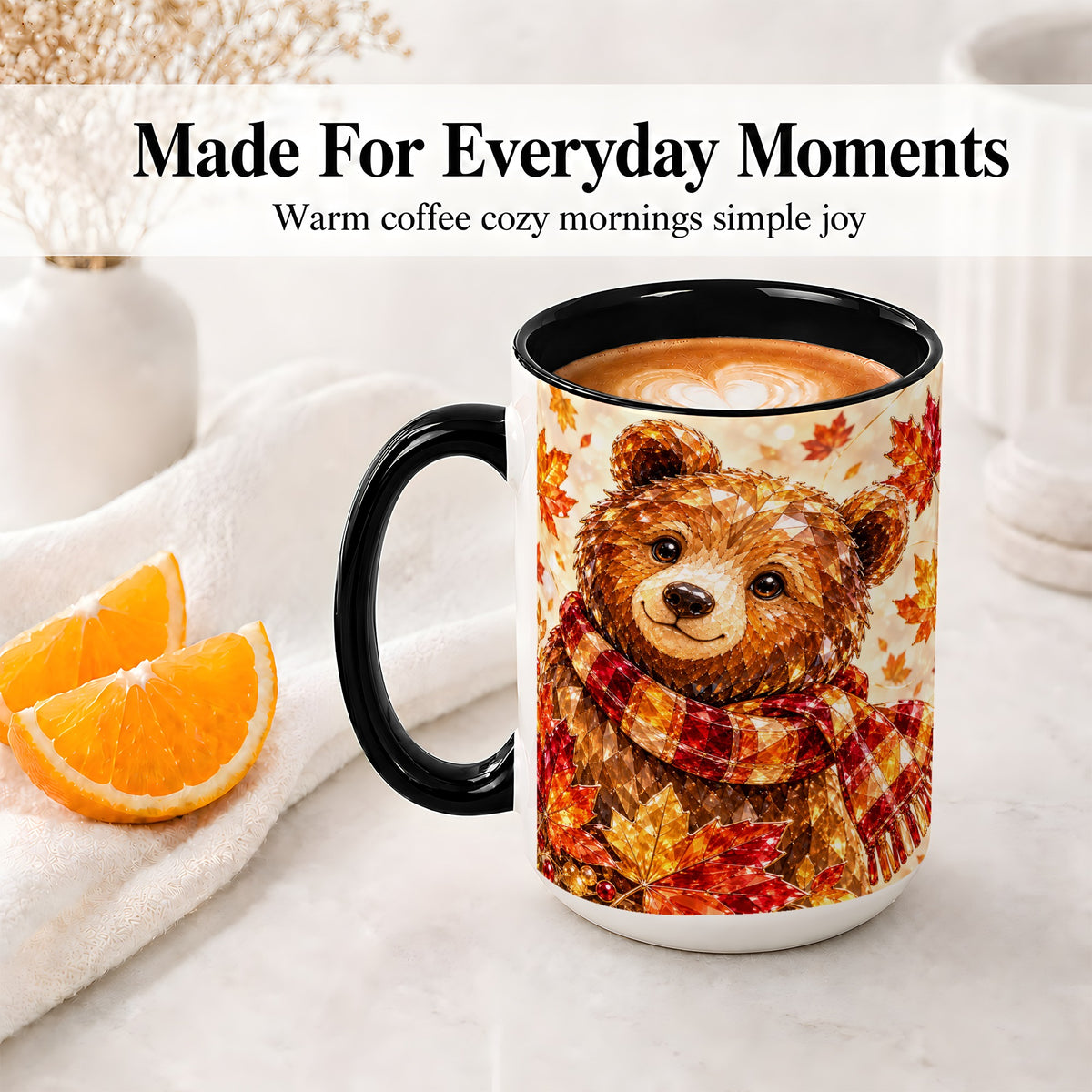 #pl[15oz|Black] Autumn Bear Scarf Accent Mug, Mug with Maple Leaf Artwork