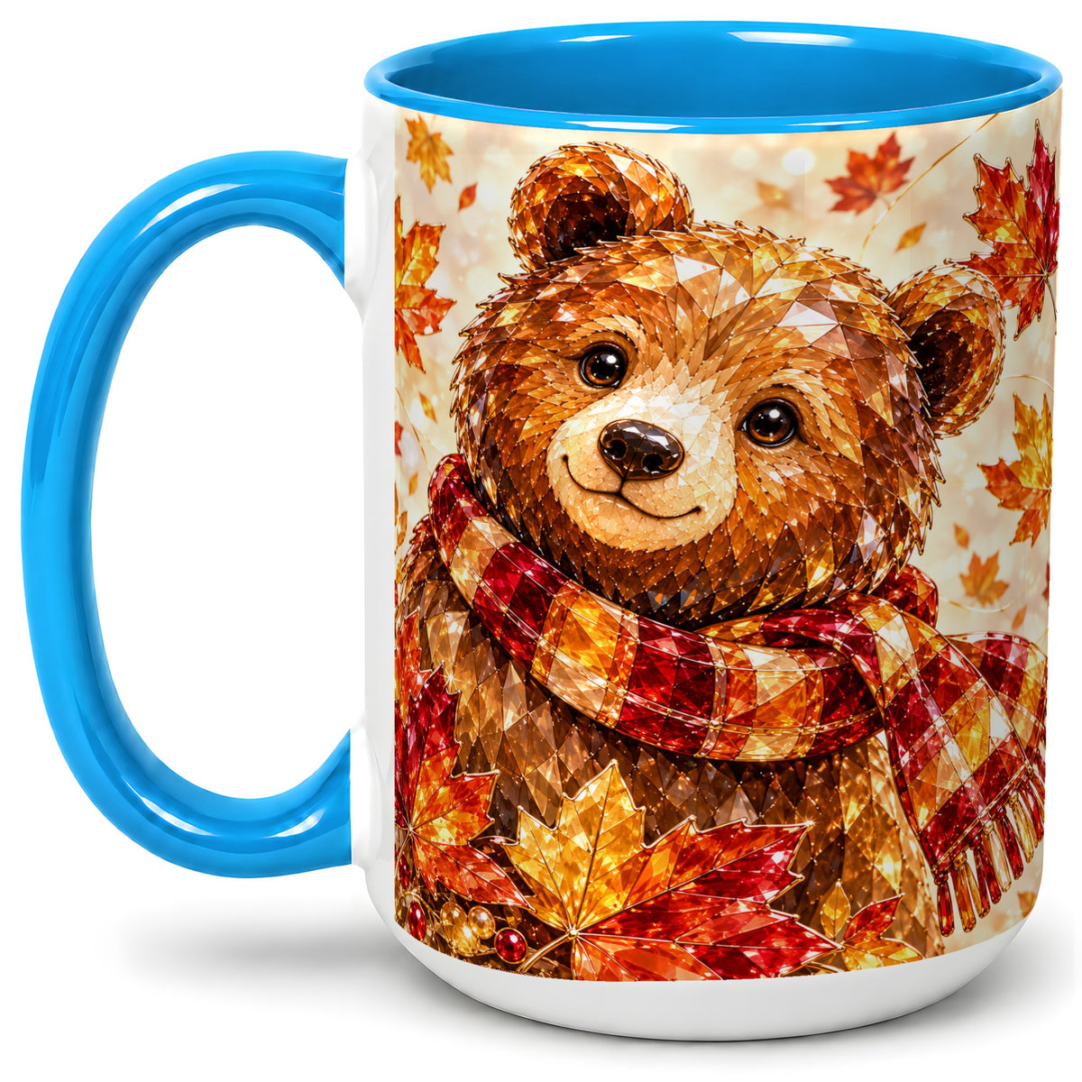 #pl[15oz|Blue] Autumn Bear Scarf Accent Mug, Mug with Maple Leaf Artwork