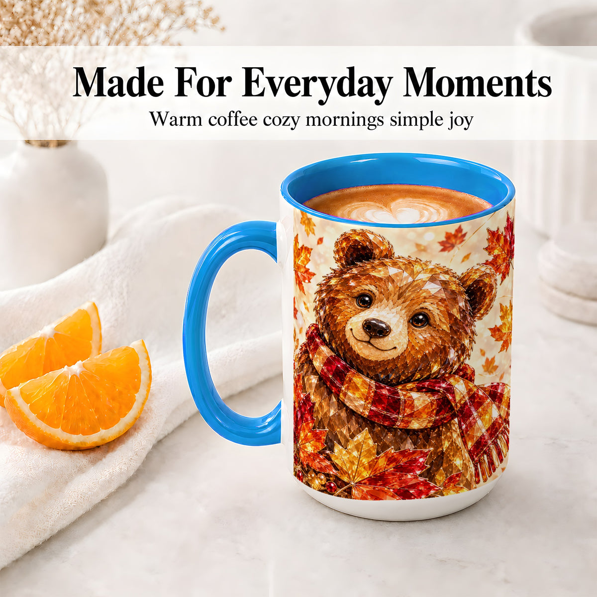 #pl[15oz|Blue] Autumn Bear Scarf Accent Mug, Mug with Maple Leaf Artwork