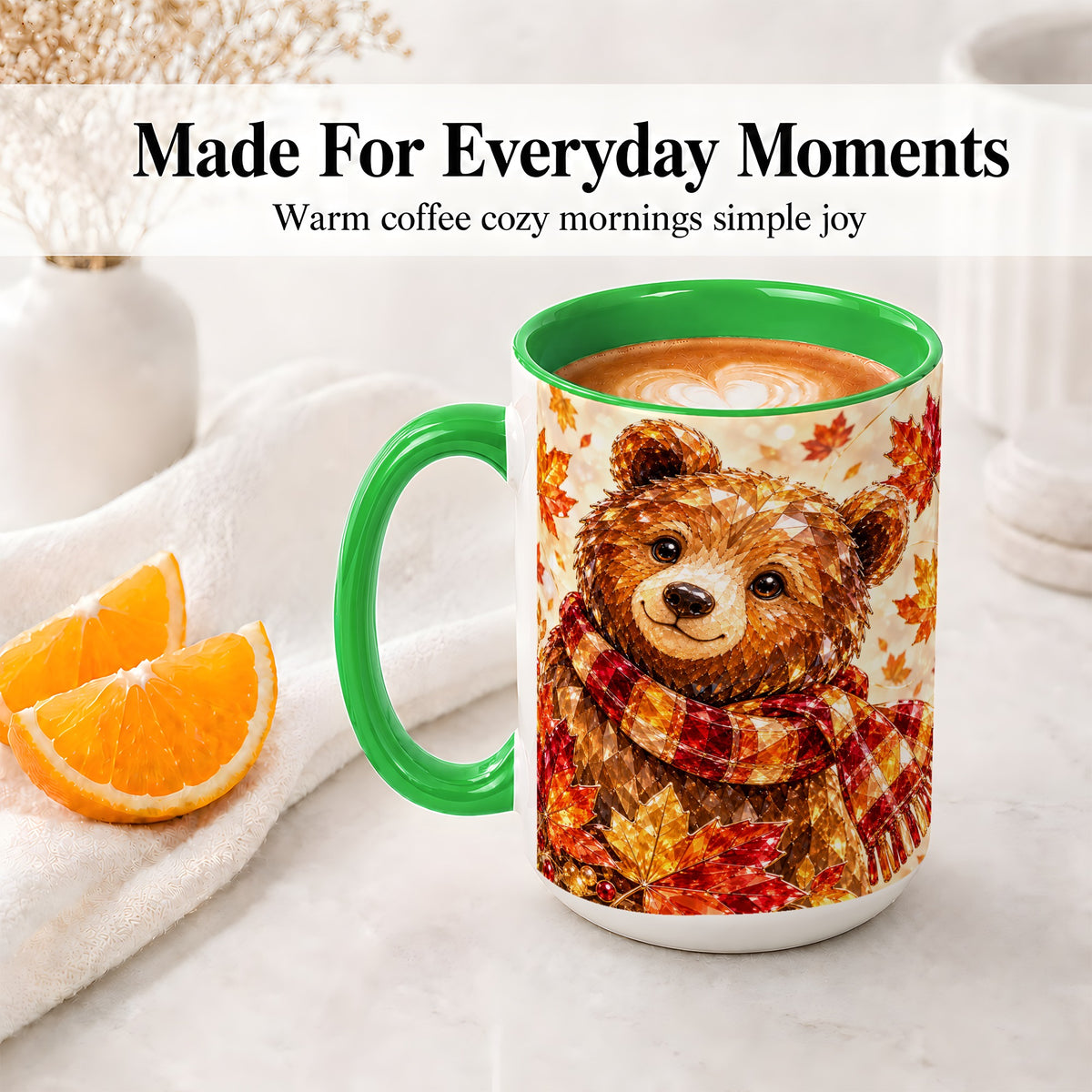 #pl[15oz|Green] Autumn Bear Scarf Accent Mug, Mug with Maple Leaf Artwork