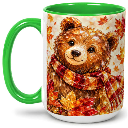 #pl[15oz|Green] Autumn Bear Scarf Accent Mug, Mug with Maple Leaf Artwork