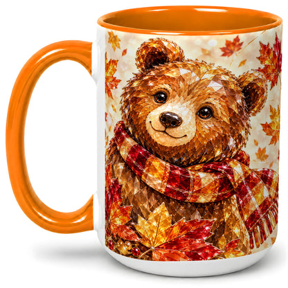 #pl[15oz|Orange] Autumn Bear Scarf Accent Mug, Mug with Maple Leaf Artwork