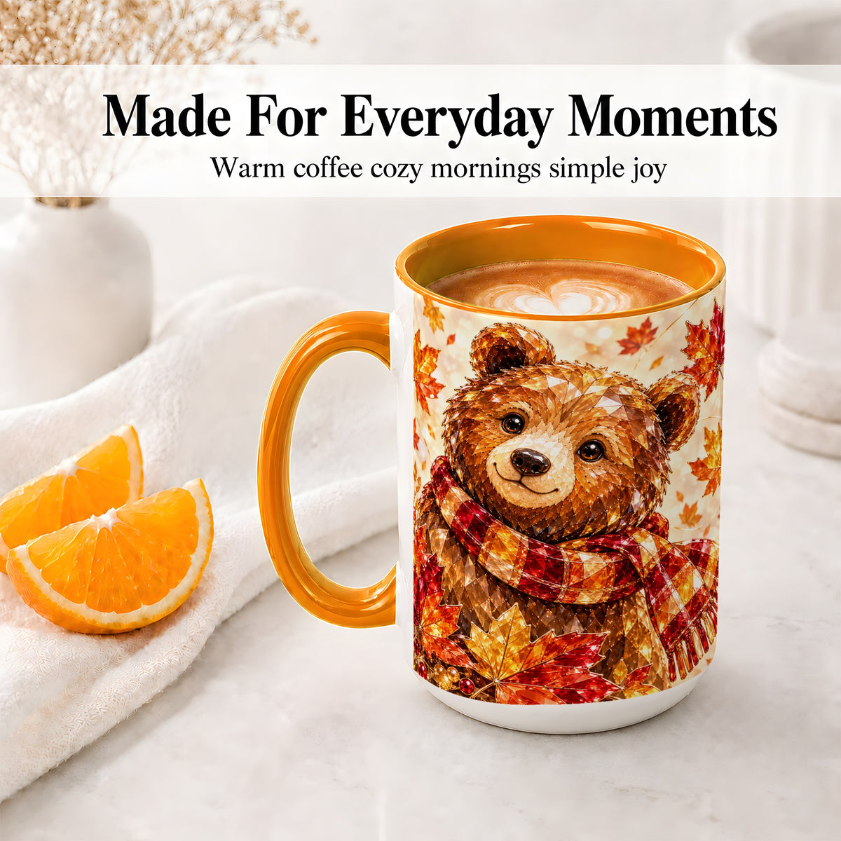 #pl[15oz|Orange] Autumn Bear Scarf Accent Mug, Mug with Maple Leaf Artwork