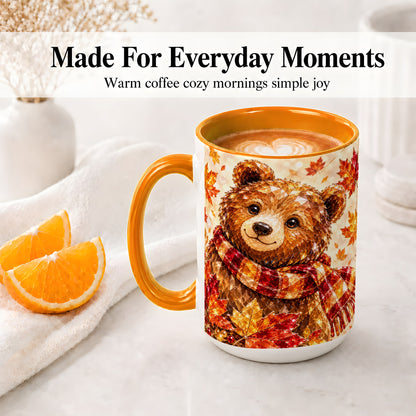 #pl[15oz|Orange] Autumn Bear Scarf Accent Mug, Mug with Maple Leaf Artwork