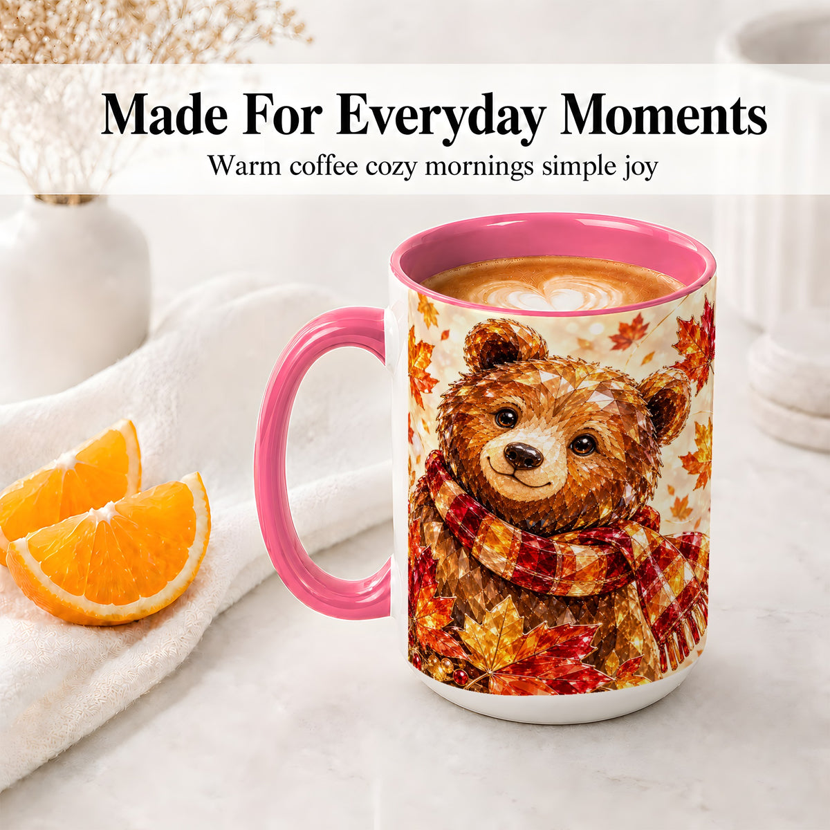 #pl[15oz|Pink] Autumn Bear Scarf Accent Mug, Mug with Maple Leaf Artwork