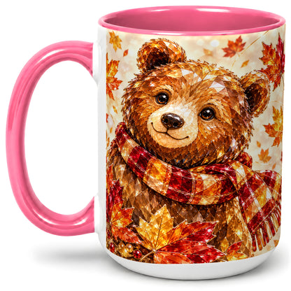 #pl[15oz|Pink] Autumn Bear Scarf Accent Mug, Mug with Maple Leaf Artwork
