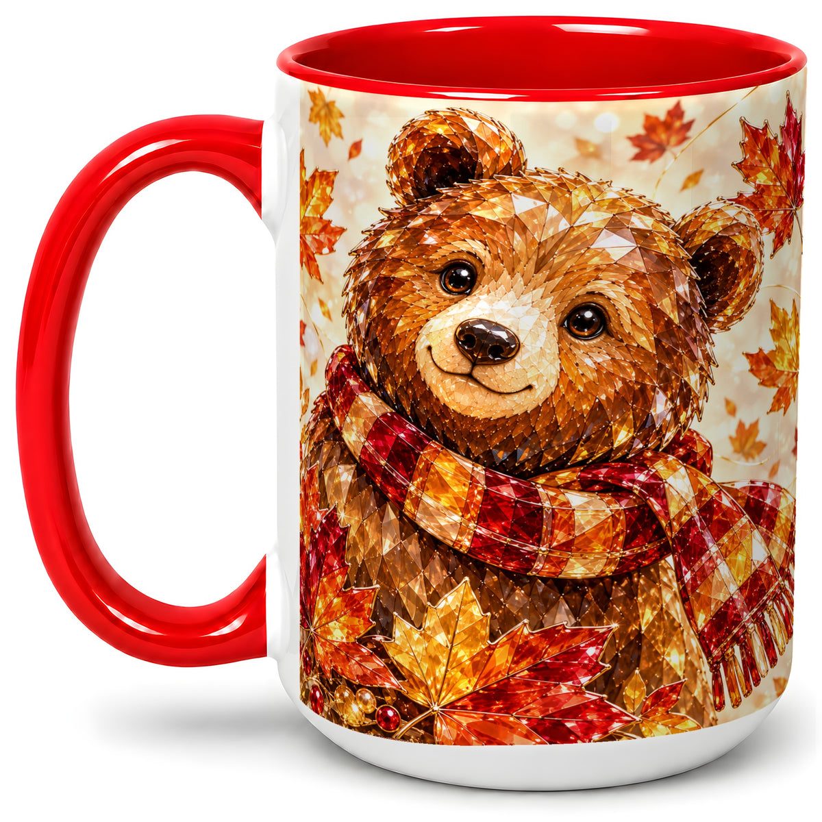 #pl[15oz|Red] Autumn Bear Scarf Accent Mug, Mug with Maple Leaf Artwork
