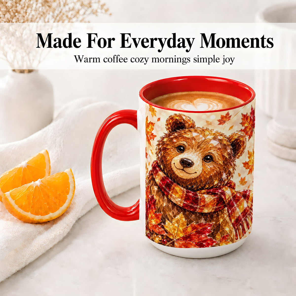 #pl[15oz|Red] Autumn Bear Scarf Accent Mug, Mug with Maple Leaf Artwork