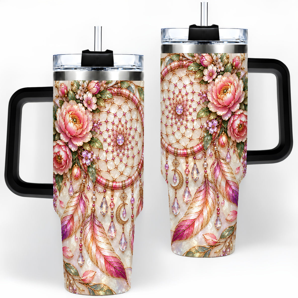 #pl[40oz|Black] Floral Dreamcatcher 40oz Tumbler, Pink Boho Daily Drinkware