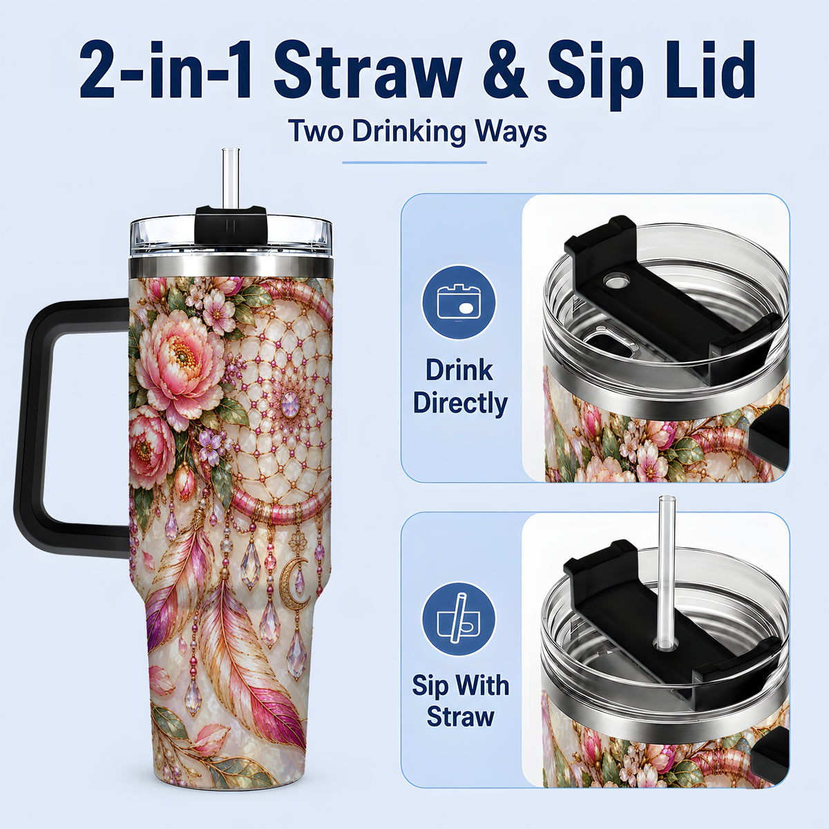 #pl[40oz|Black] Floral Dreamcatcher 40oz Tumbler, Pink Boho Daily Drinkware