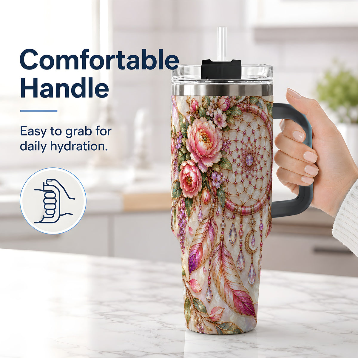 #pl[40oz|Black] Floral Dreamcatcher 40oz Tumbler, Pink Boho Daily Drinkware