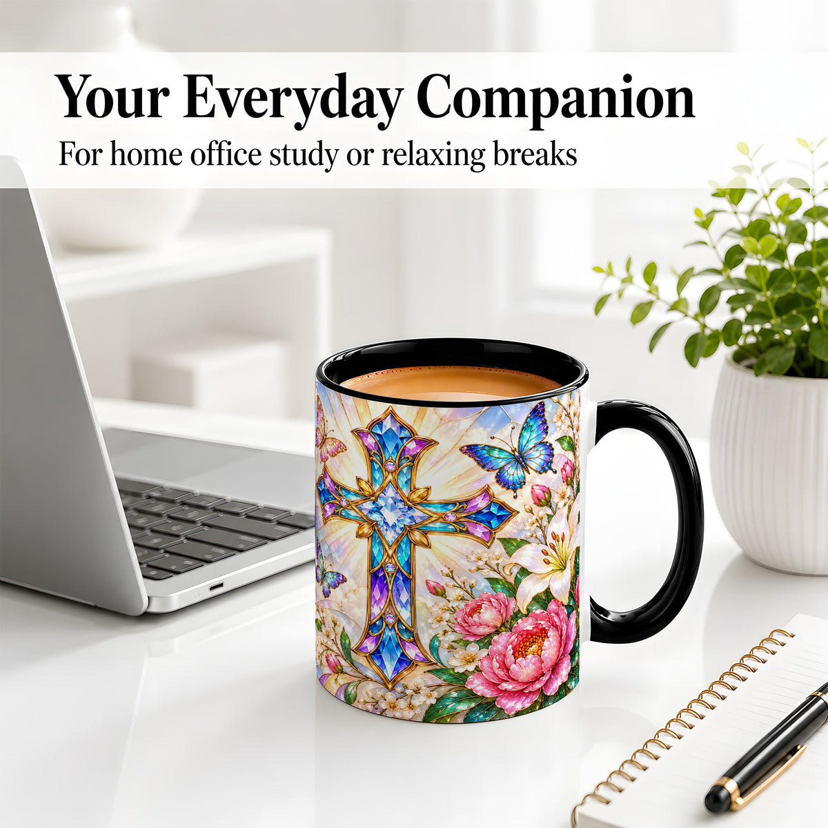 #pl[11oz|Black] Floral Cross Butterfly Accent Mug, Mug with Lily Artwork