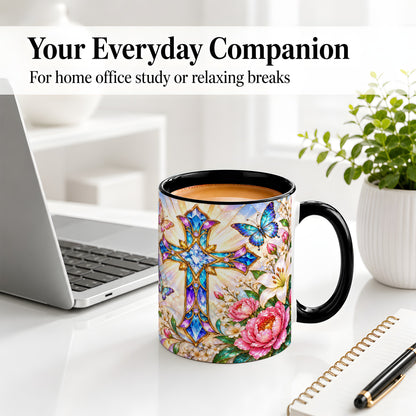 #pl[11oz|Black] Floral Cross Butterfly Accent Mug, Mug with Lily Artwork