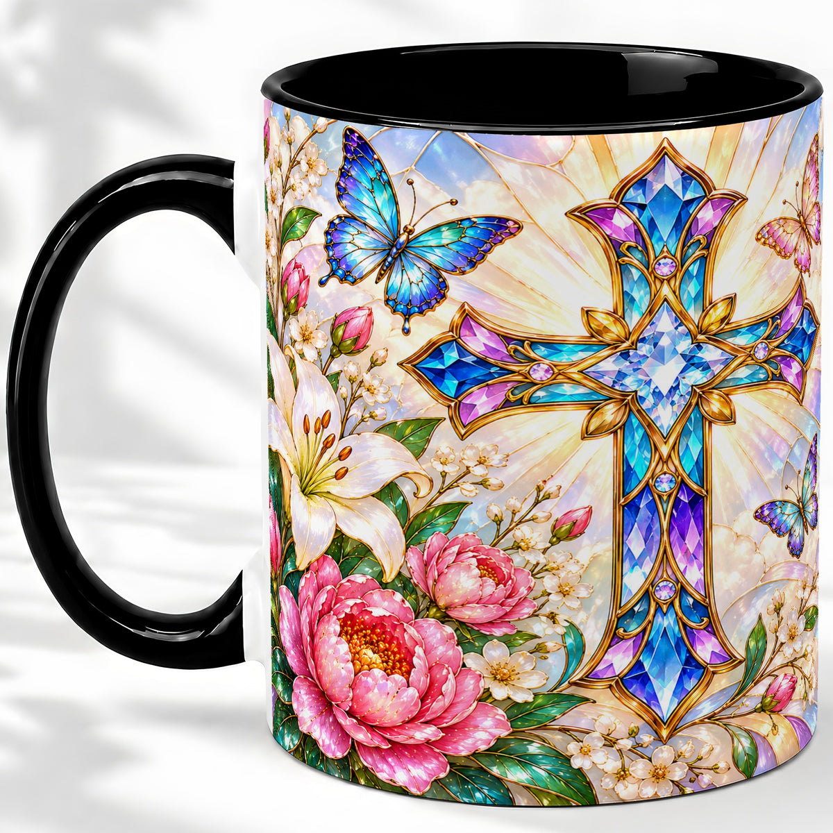 #pl[11oz|Black] Floral Cross Butterfly Accent Mug, Mug with Lily Artwork