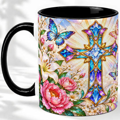 #pl[11oz|Black] Floral Cross Butterfly Accent Mug, Mug with Lily Artwork