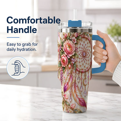 #pl[40oz|Blue] Floral Dreamcatcher 40oz Tumbler, Pink Boho Daily Drinkware