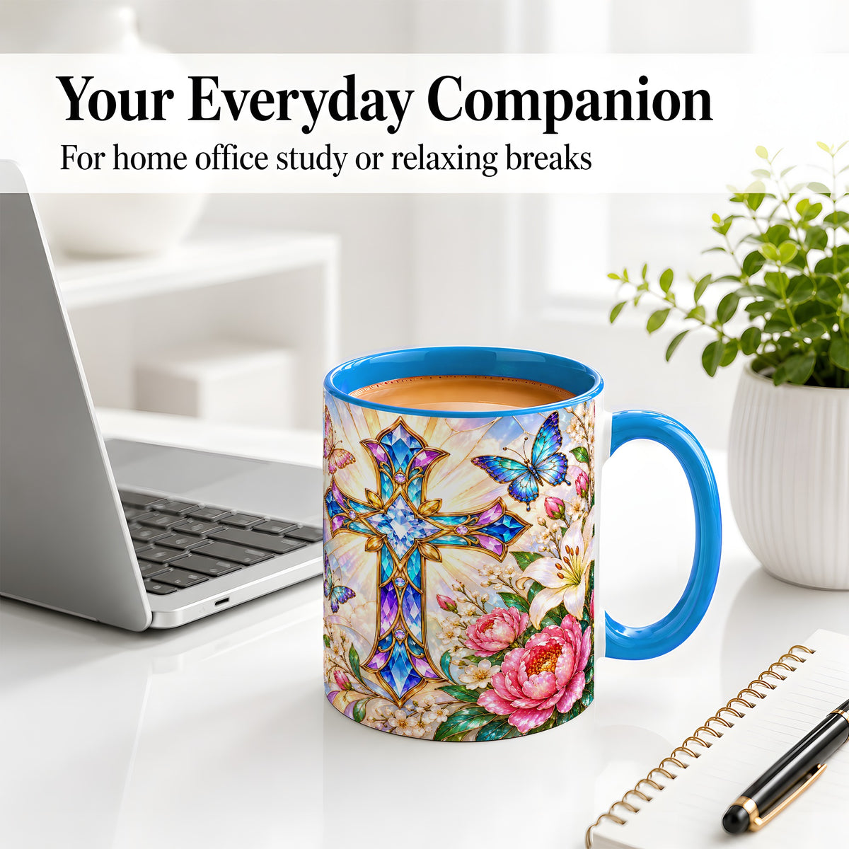 #pl[11oz|Blue] Floral Cross Butterfly Accent Mug, Mug with Lily Artwork