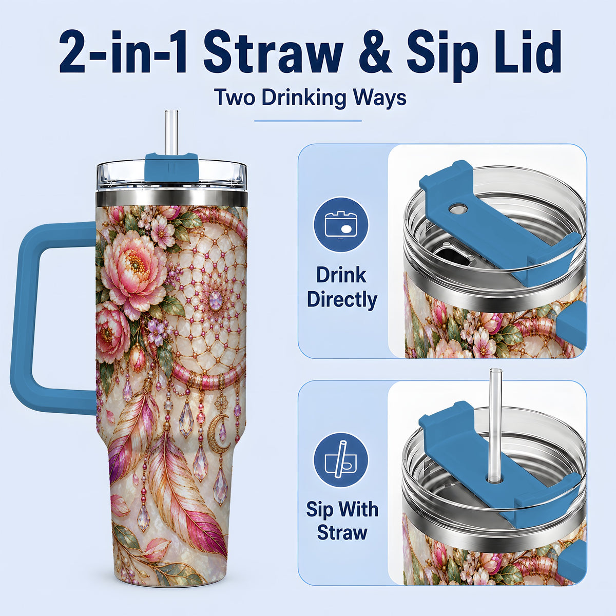 #pl[40oz|Blue] Floral Dreamcatcher 40oz Tumbler, Pink Boho Daily Drinkware