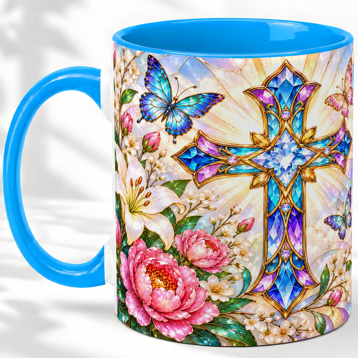 #pl[11oz|Blue] Floral Cross Butterfly Accent Mug, Mug with Lily Artwork