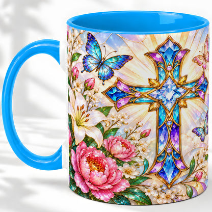 #pl[11oz|Blue] Floral Cross Butterfly Accent Mug, Mug with Lily Artwork